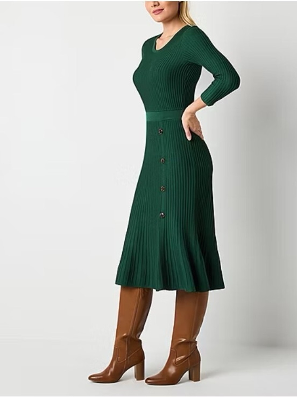 Studio One Hunter Green Ribbed Sweater Midi Dress